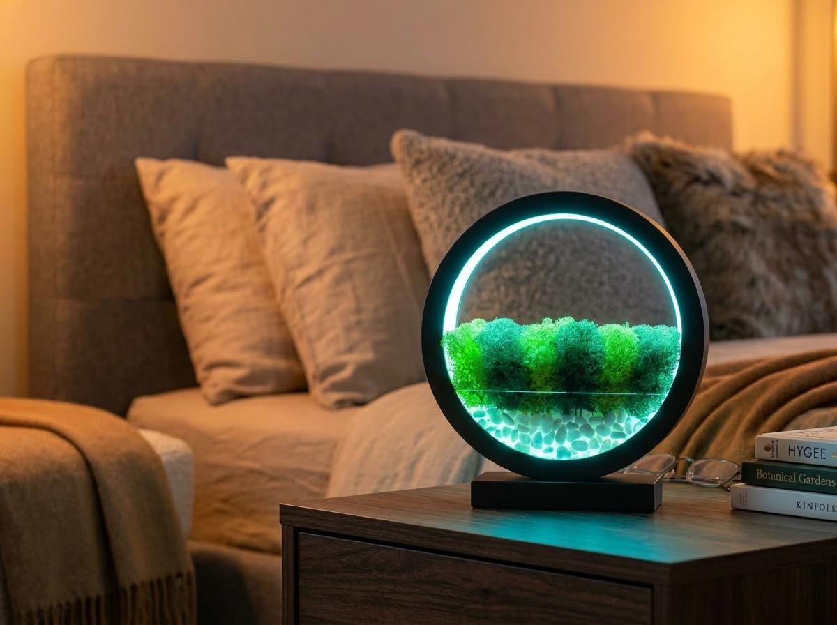 Moss Terrarium Lamp, Blue LED Wood Circle Light, Biophilic Botanical Decor, Zen Nightlight