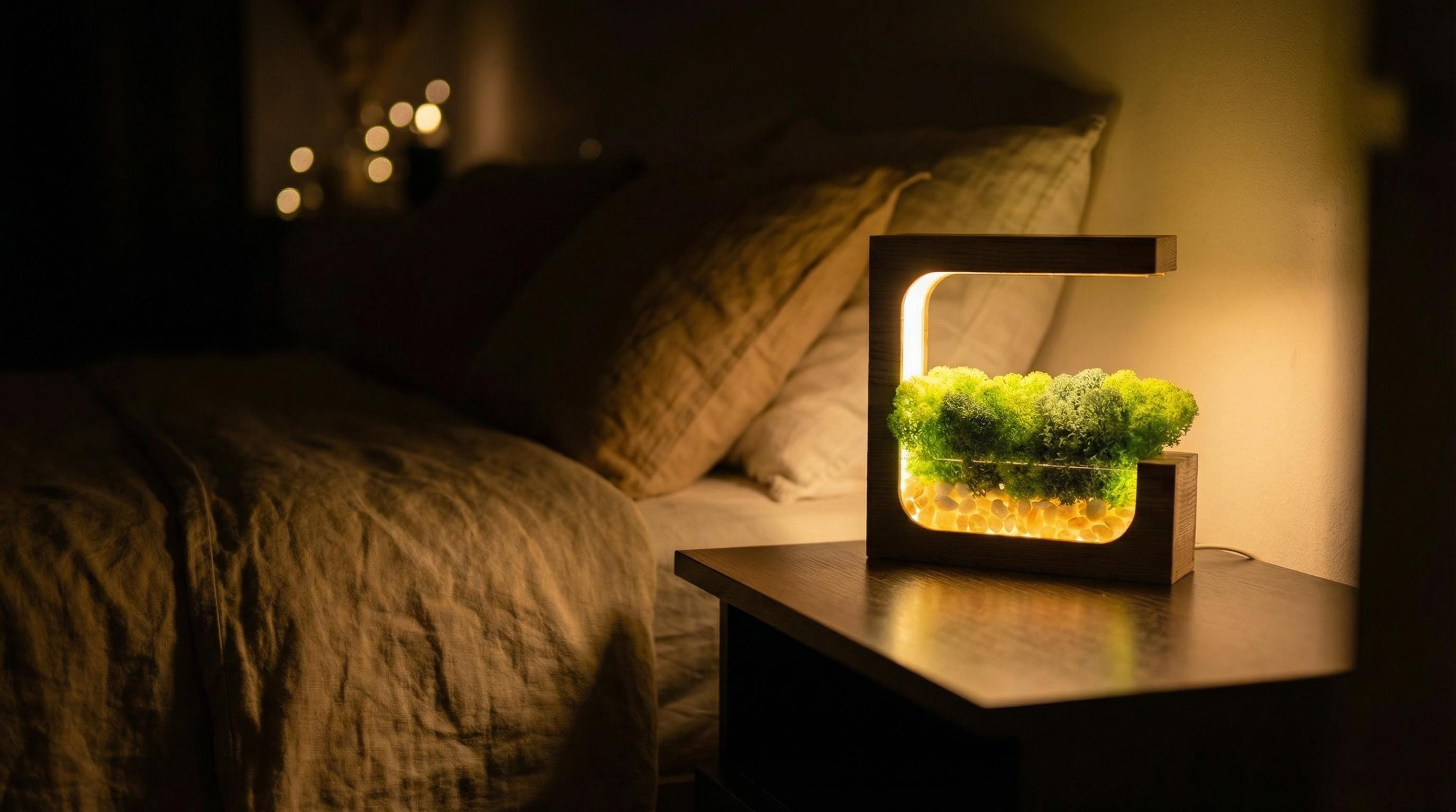 Wooden Moss Desk Lamp | Preserved Nature Scene, Pebbles, USB-C Table Light