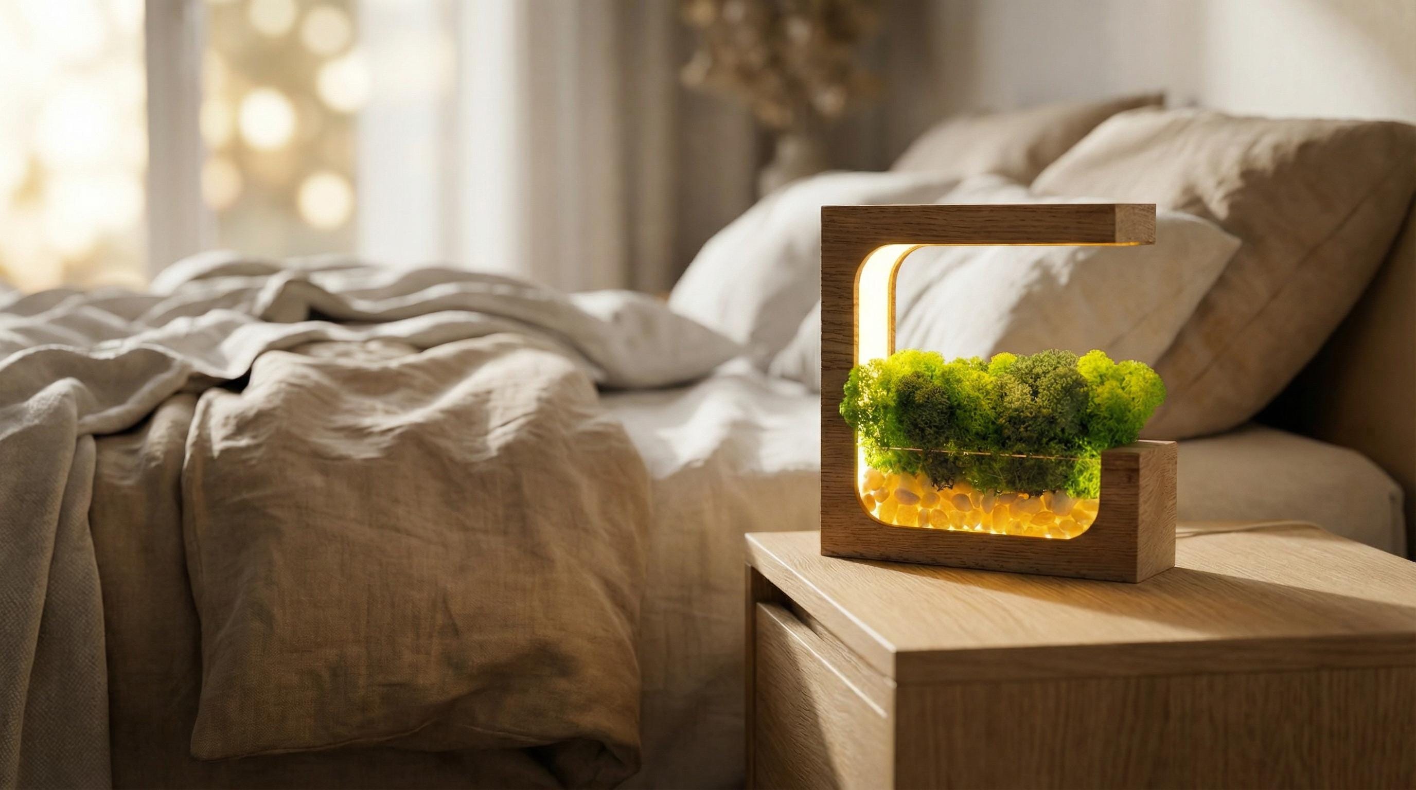Wooden Moss Desk Lamp | Preserved Nature Scene, Pebbles, USB-C Table Light