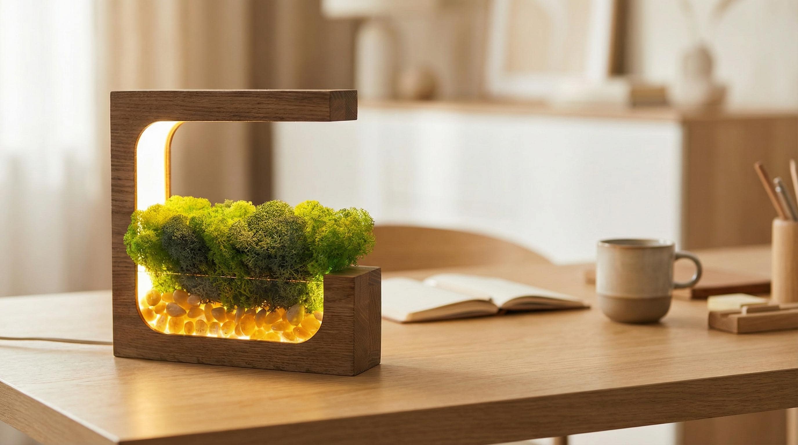 Wooden Moss Desk Lamp | Preserved Nature Scene, Pebbles, USB-C Table Light