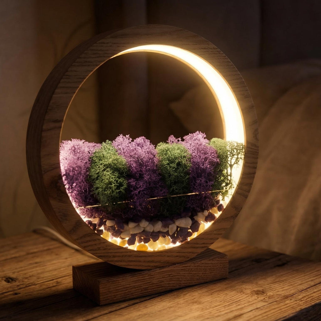Purple & Green Moss Night Light | Round Wood Lamp