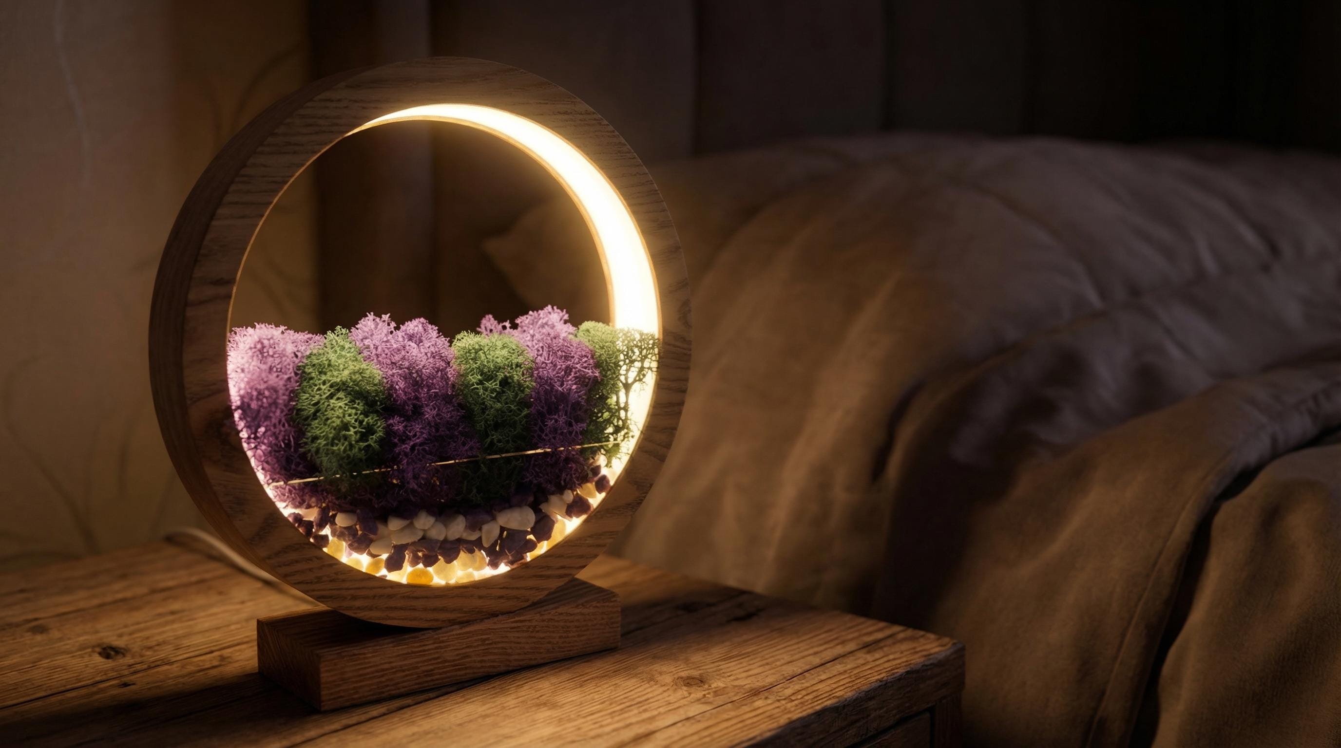 Purple Green Moss Night Light, Handmade Wood Circle Lamp, Biophilic Bedside Decor