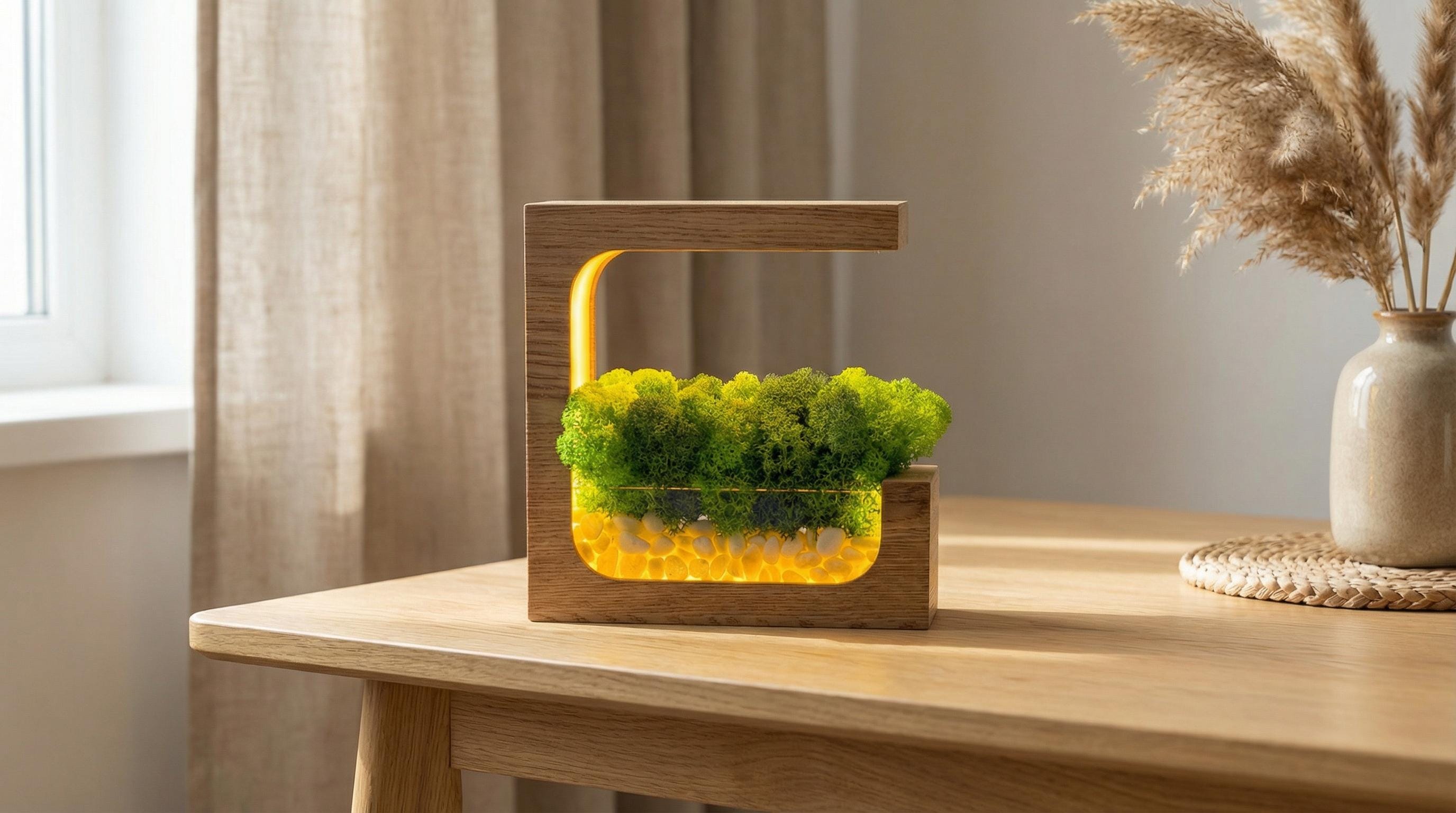 Wooden Moss Desk Lamp | Preserved Nature Scene, Pebbles, USB-C Table Light