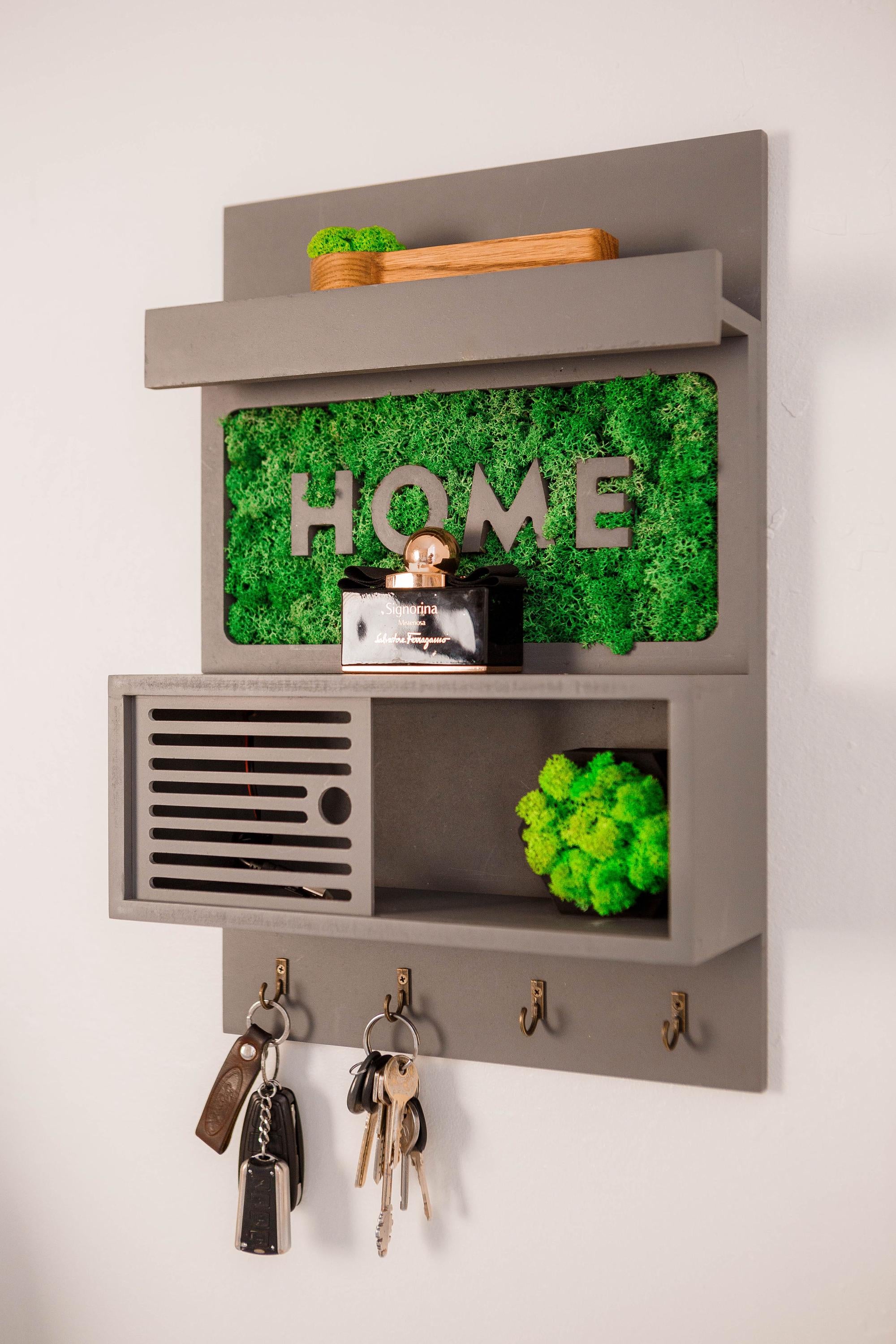 Moss Wall Key Holder with Shelf | Modern Entryway Organizer | Eco Friendly Home Decor