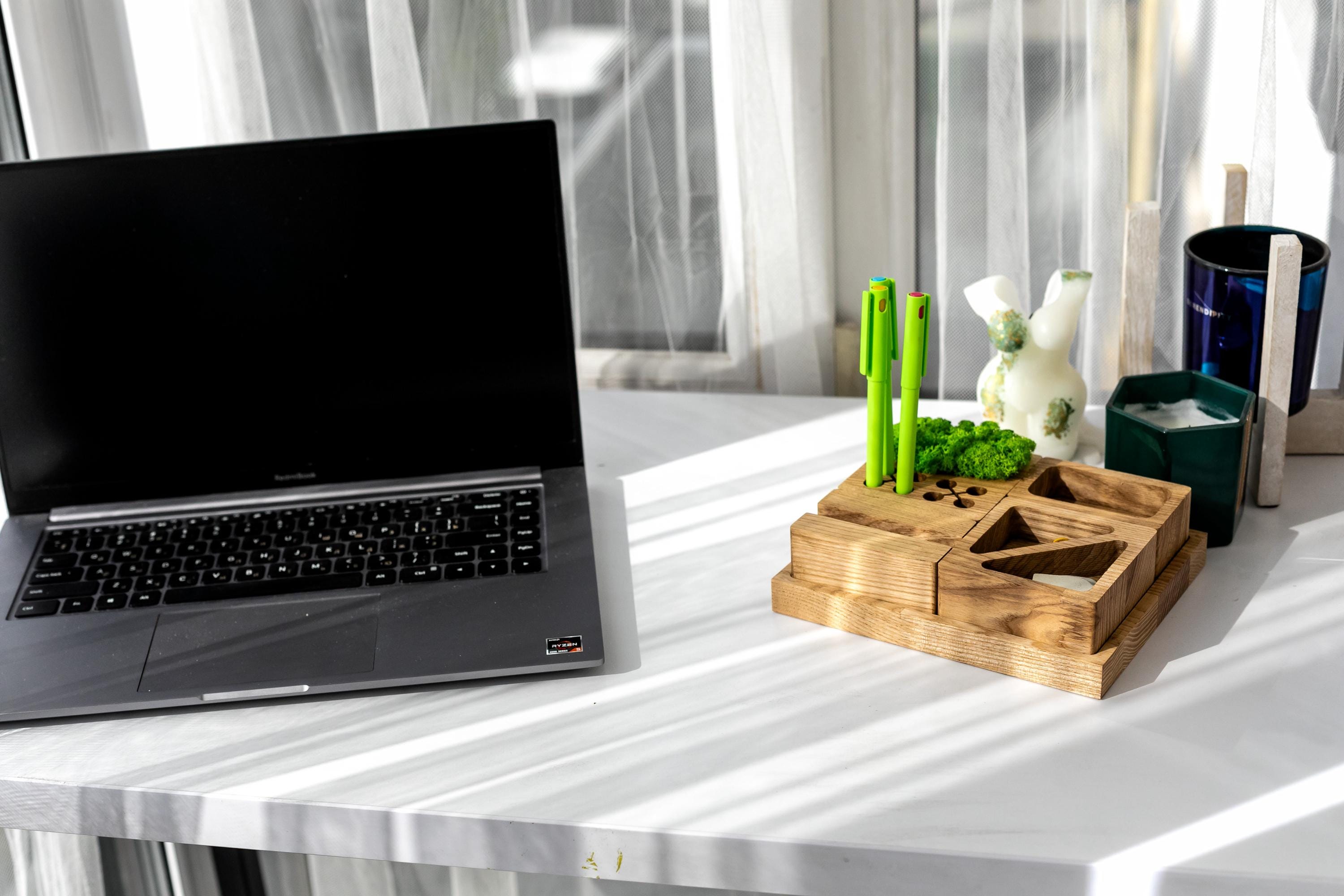 Modular Ash Wood Desk Organizer | Natural Moss Decor