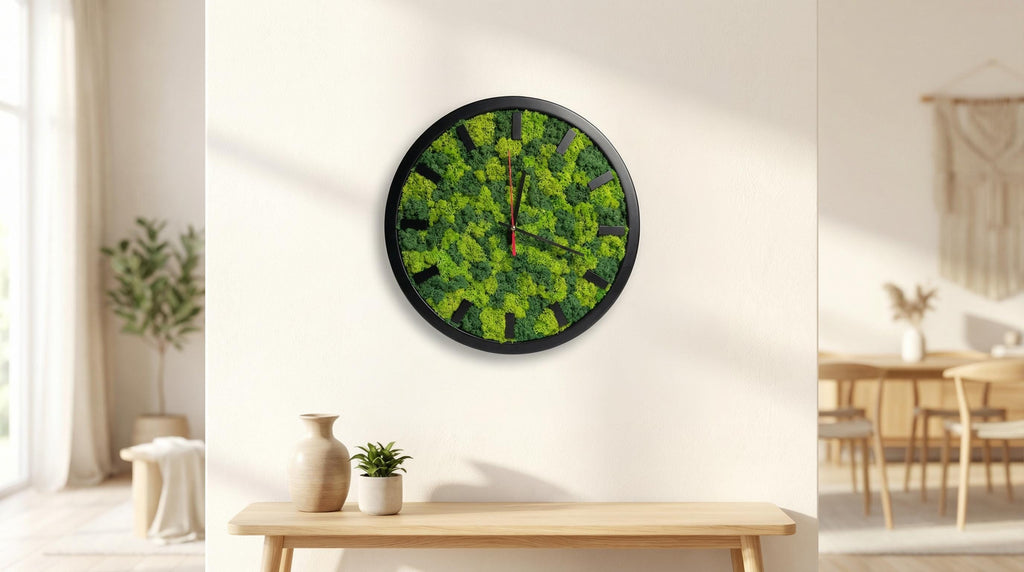 Modern Wood & Moss Wall Clock | Silent Timepiece