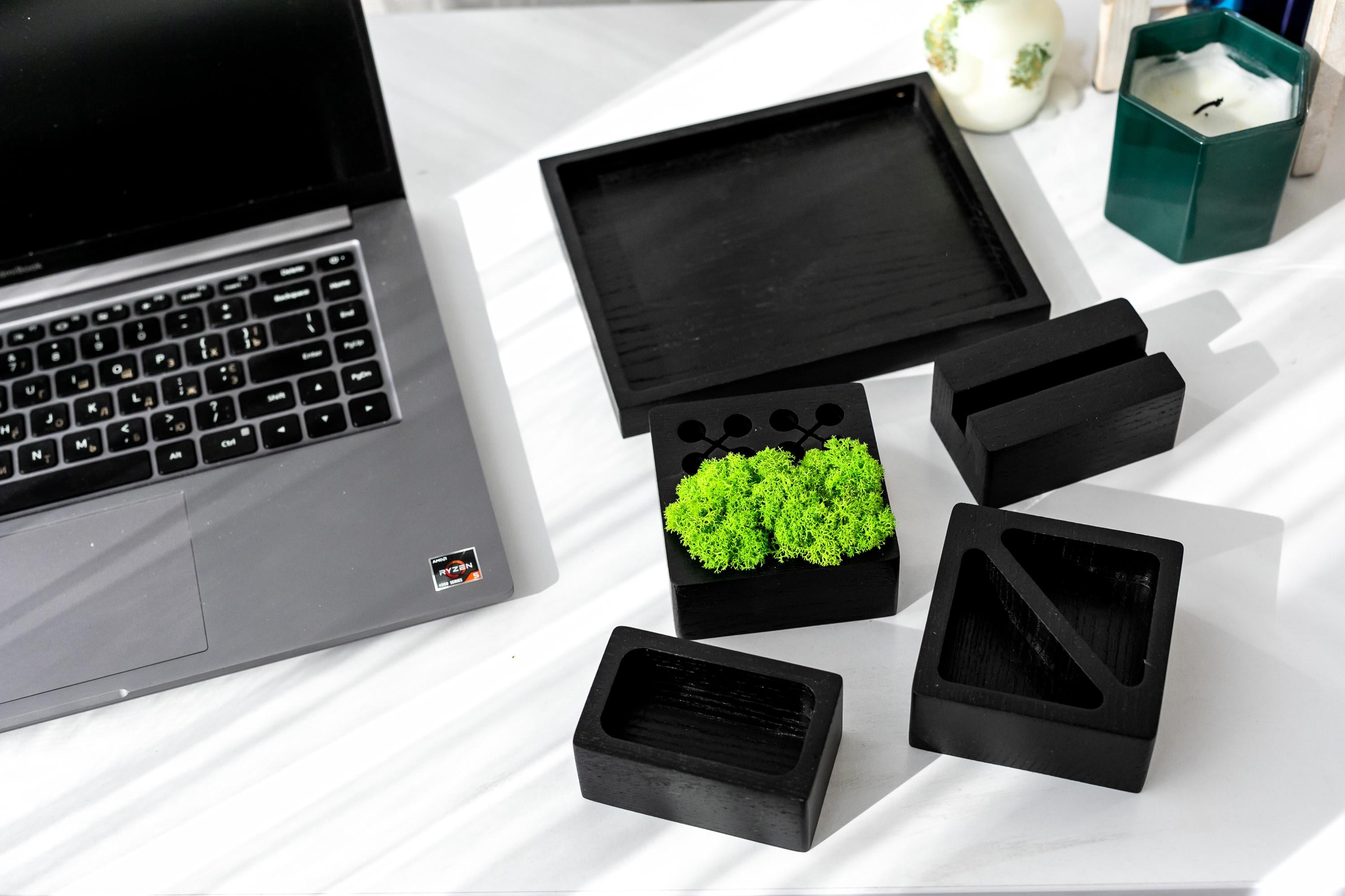 Modular Ash Wood Desk Organizer | Natural Moss Decor