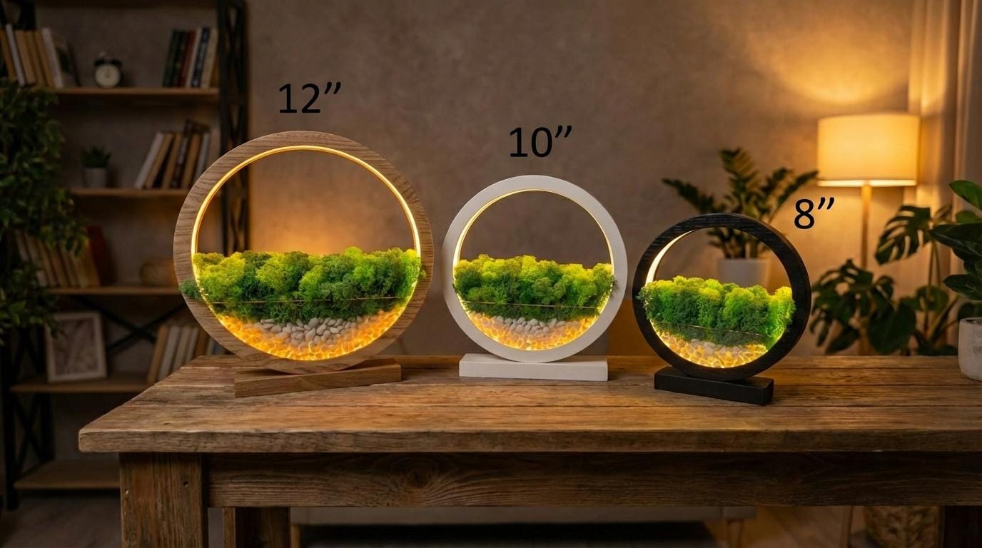 Round Wood Table Lamp with Preserved Moss |  Scandinavian Night Light | Biophilic Decor