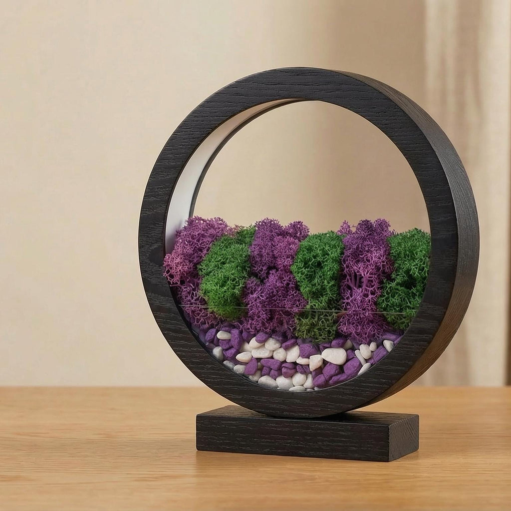 Purple & Green Moss Night Light | Round Wood Lamp
