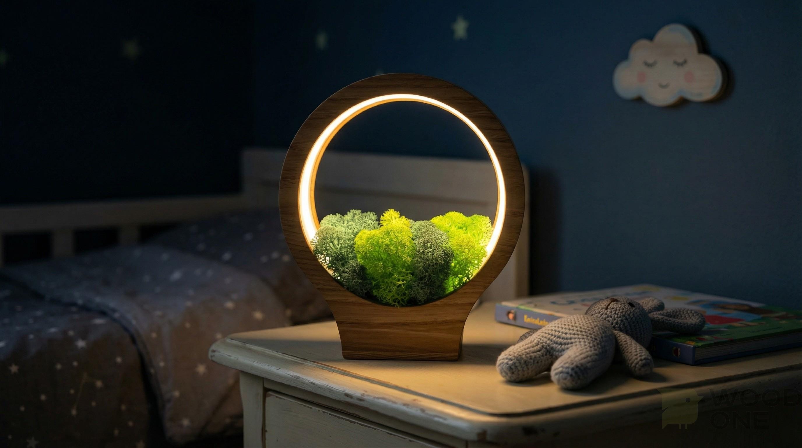 Wooden Moss Night Light | Handmade Terrarium Desk Lamp (USB-C Powered)