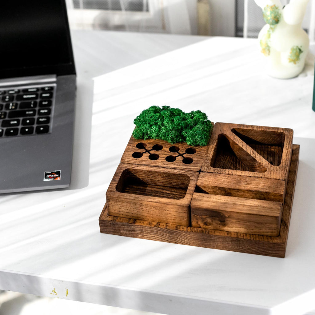 Modular Ash Wood Desk Organizer | Natural Moss Decor