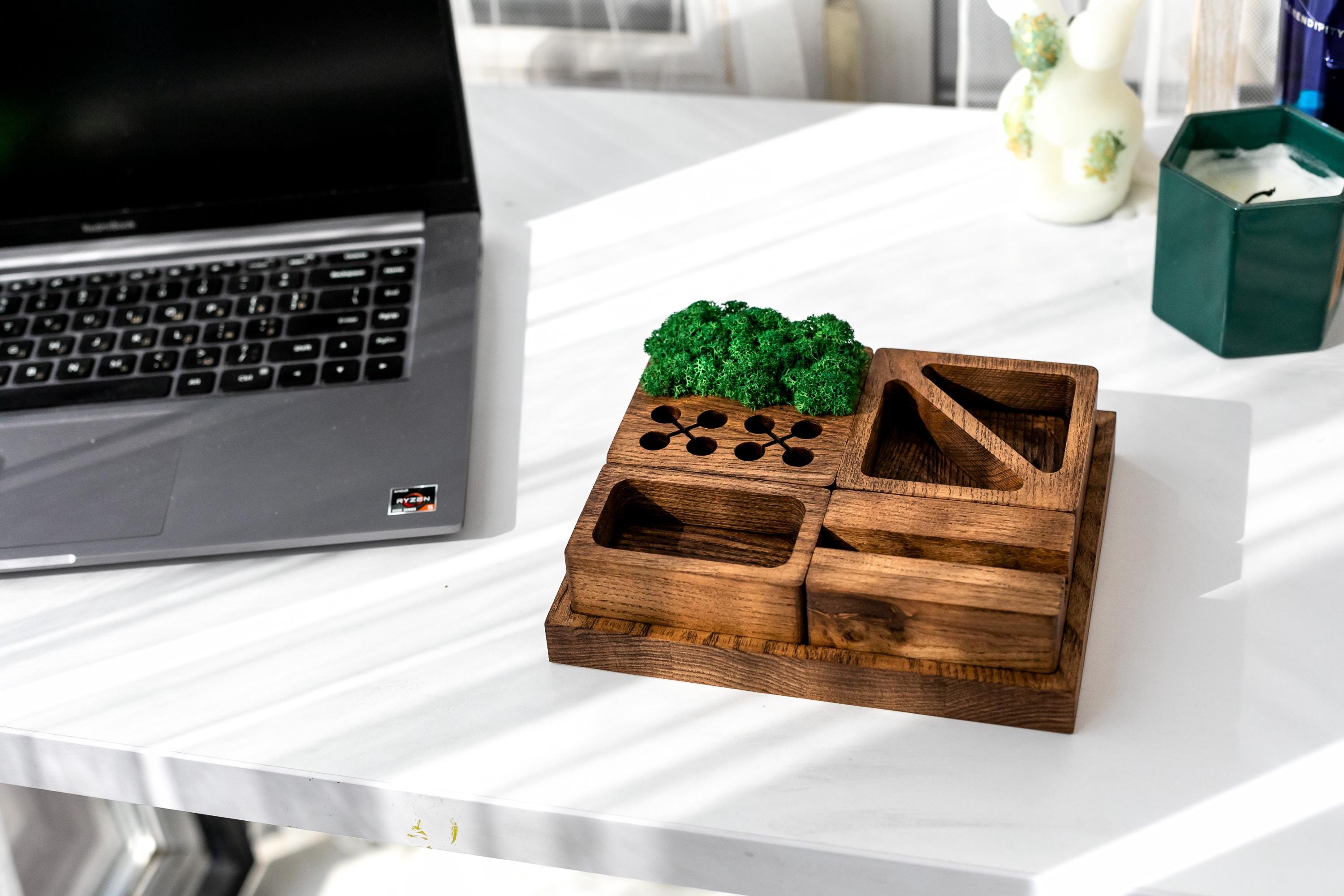 Modular Ash Wood Desk Organizer with Moss | Eco Friendly Office Storage | Wooden Docking Station | Mens Office Gift | Minimalist Desk Setup