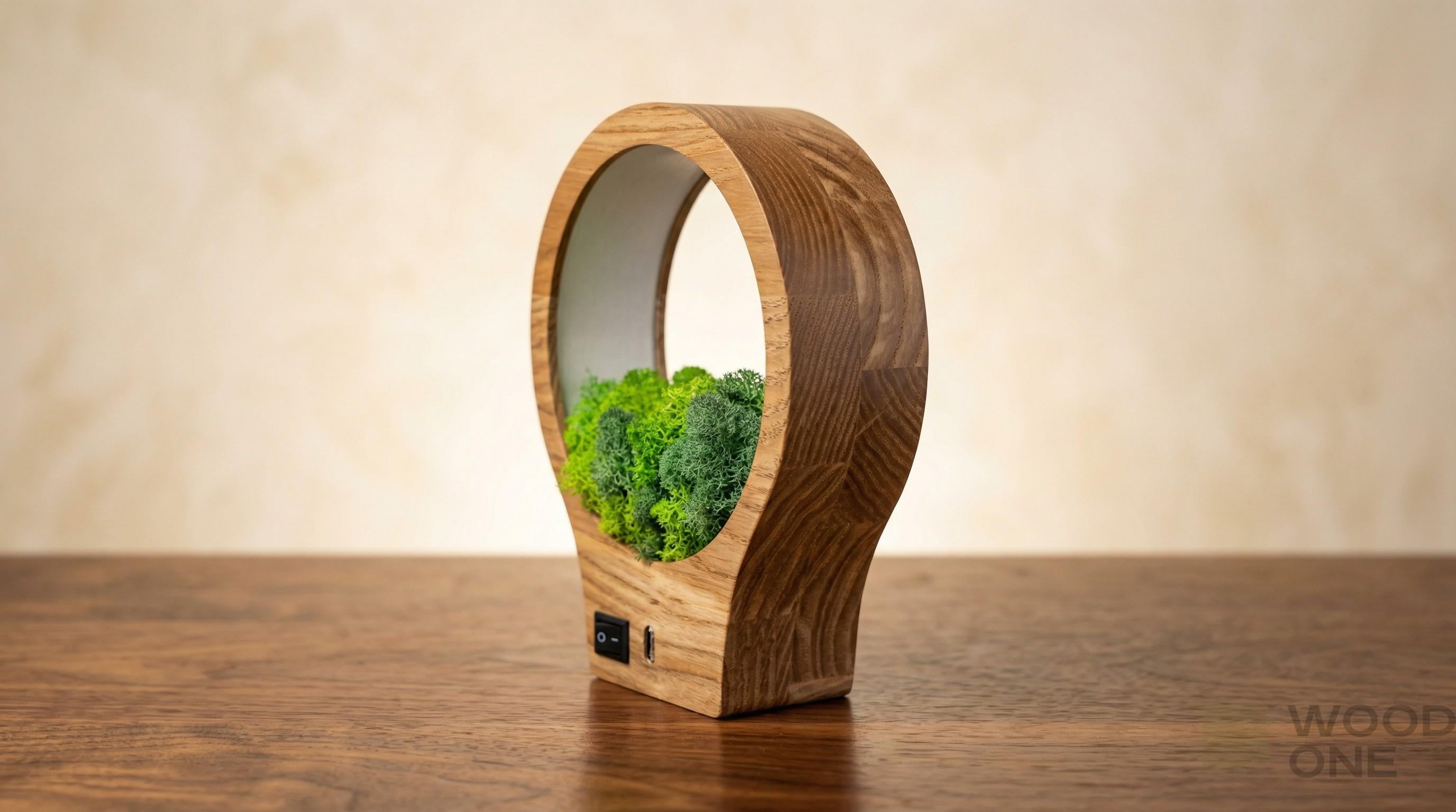 Wooden Moss Night Light | Handmade Terrarium Desk Lamp (USB-C Powered)