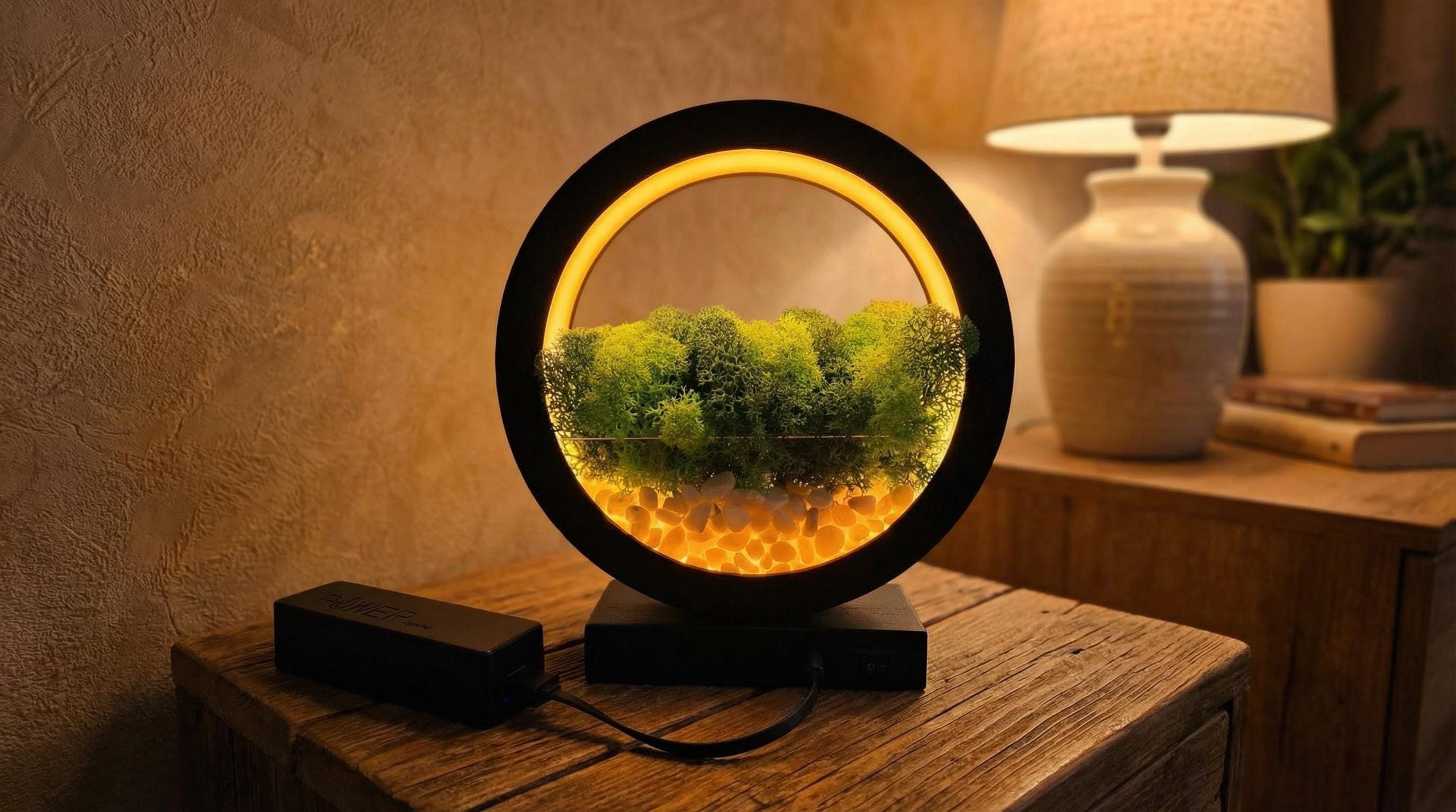 Wooden Table Lamp with Preserved Moss | Terrarium Night Light | Scandinavian Home Decor Lighting