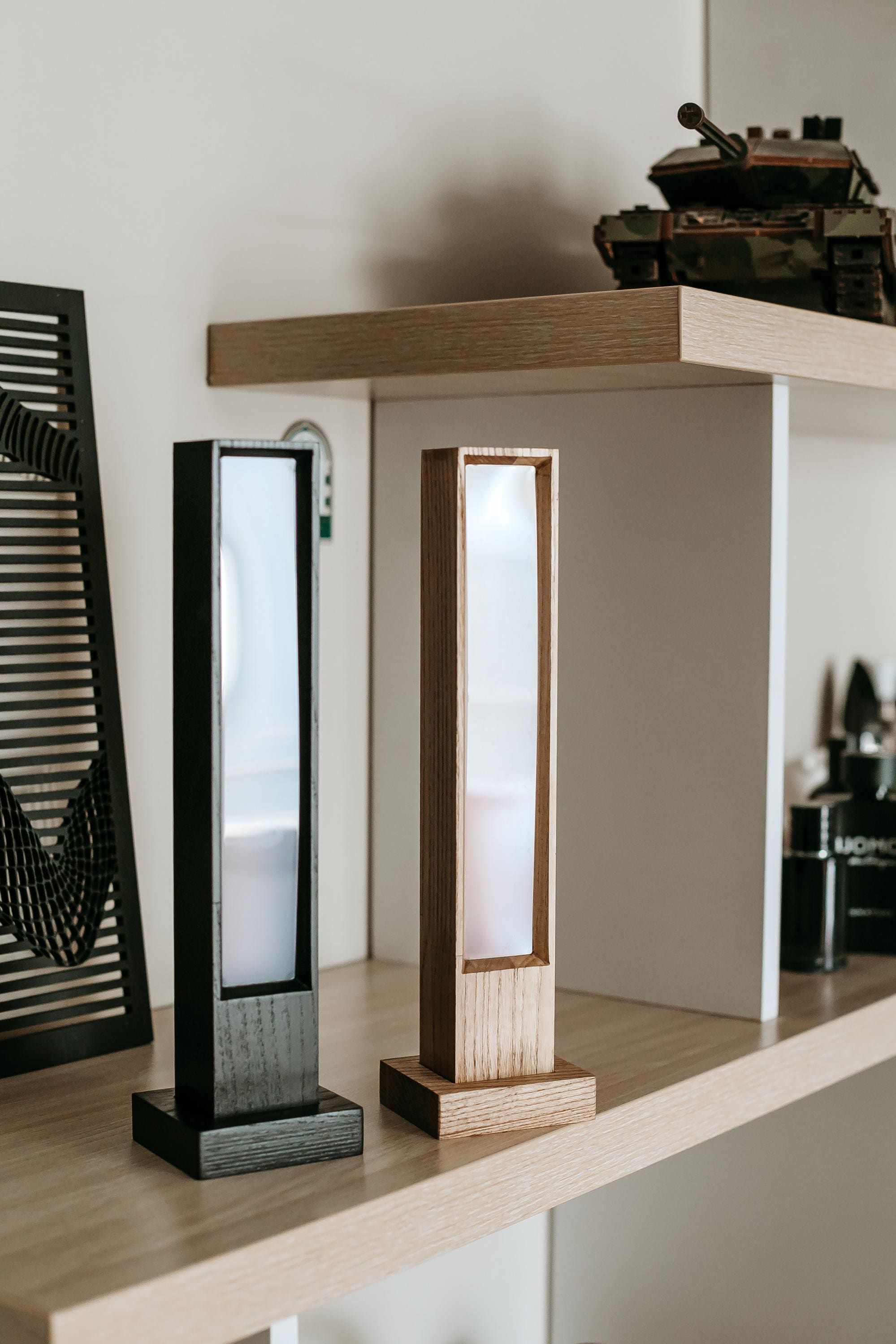 Minimalist Wood Column Lamp, Modern USB Desk Light, Geometric Office Decor